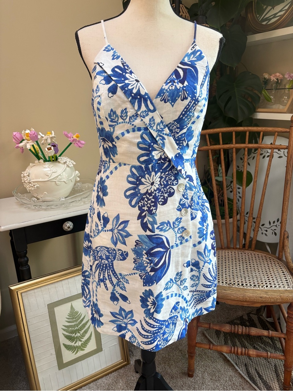 FARM Rio Blue and White Floral European Flax Linen Dress - Picture 3 of 10